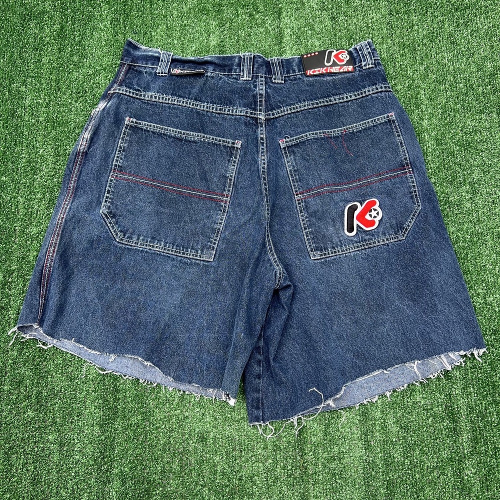 Vintage Kikwear Jean Shorts Mens 36x9.5" Blue Rave Baggy Cutoff JNCO Style 90s